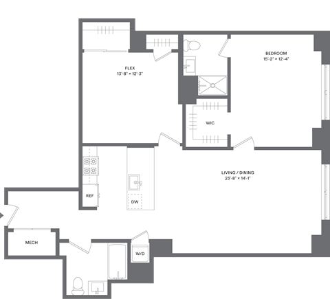 Floor plan for 1 bed, 2 baths, 1142 sqft